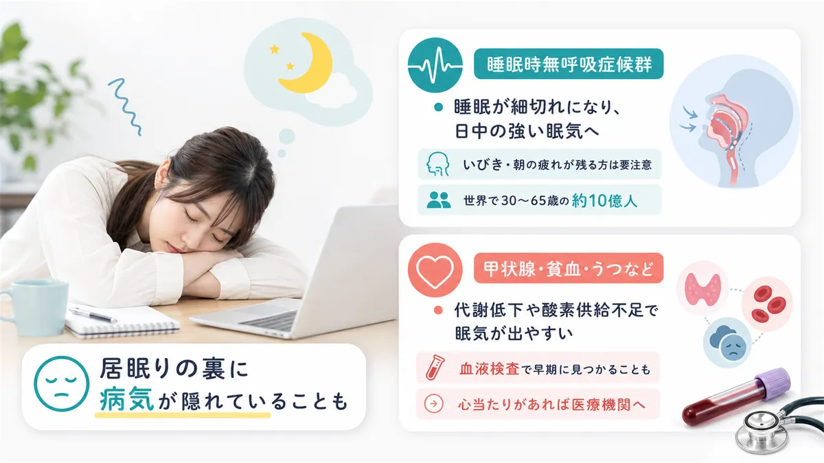 睡眠時無呼吸症候群や、甲状腺・貧血・うつなど見逃されやすい原因を解説します。