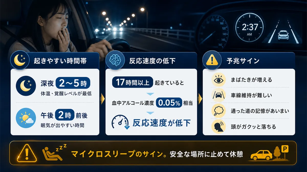 居眠り運転が起きやすい条件・時間帯や、見逃しがちな予兆サインを紹介します。