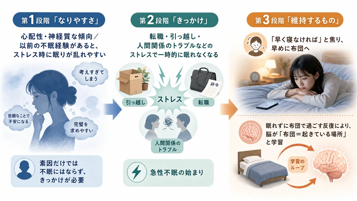 不眠を維持・悪化させる心理的メカニズムを解説し、長引かせないためのポイントを紹介します。