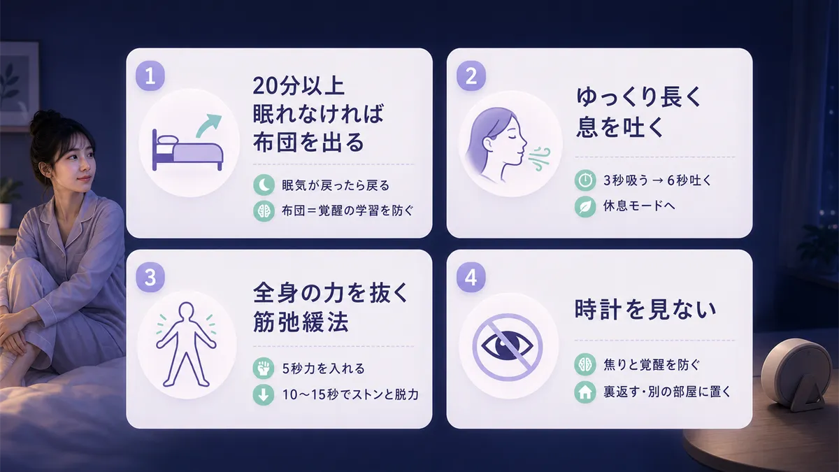 布団を出る方法、ゆっくり呼吸、筋弛緩法、時計を見ないなど、すぐ実践できる対処法を紹介します。