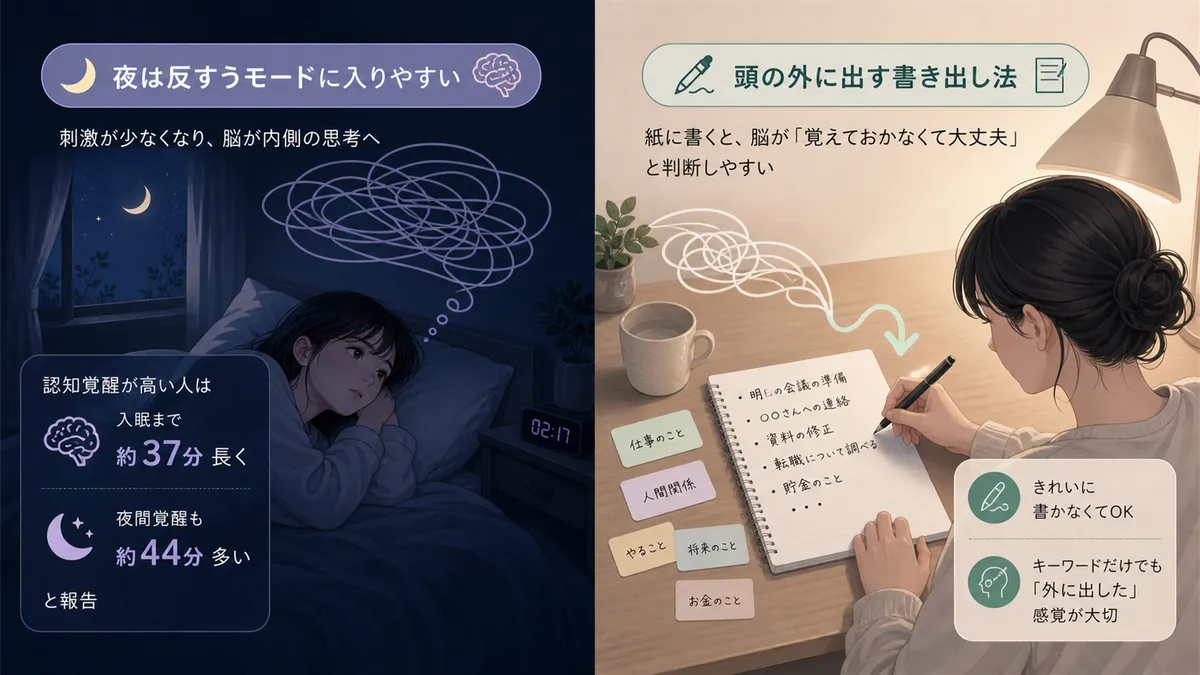 夜は脳が反すうモードに入りやすい時間帯であること、書き出し法が有効な理由を紹介します。