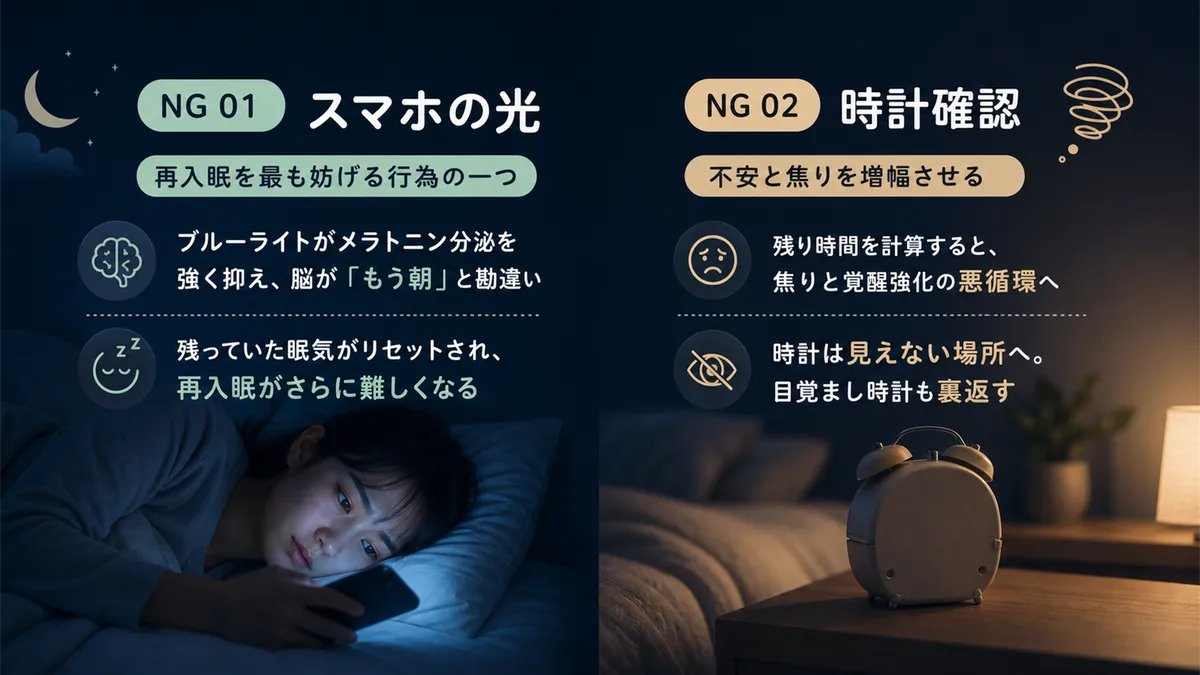 スマホの光や時計確認が再入眠を妨げる理由を解説し、避けるべき行動を明確にします。