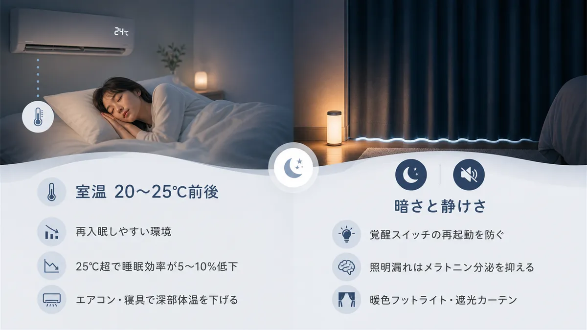 寝室温度の適正範囲や、暗さと静けさの確保が覚醒の再起動を防ぐことを解説します。