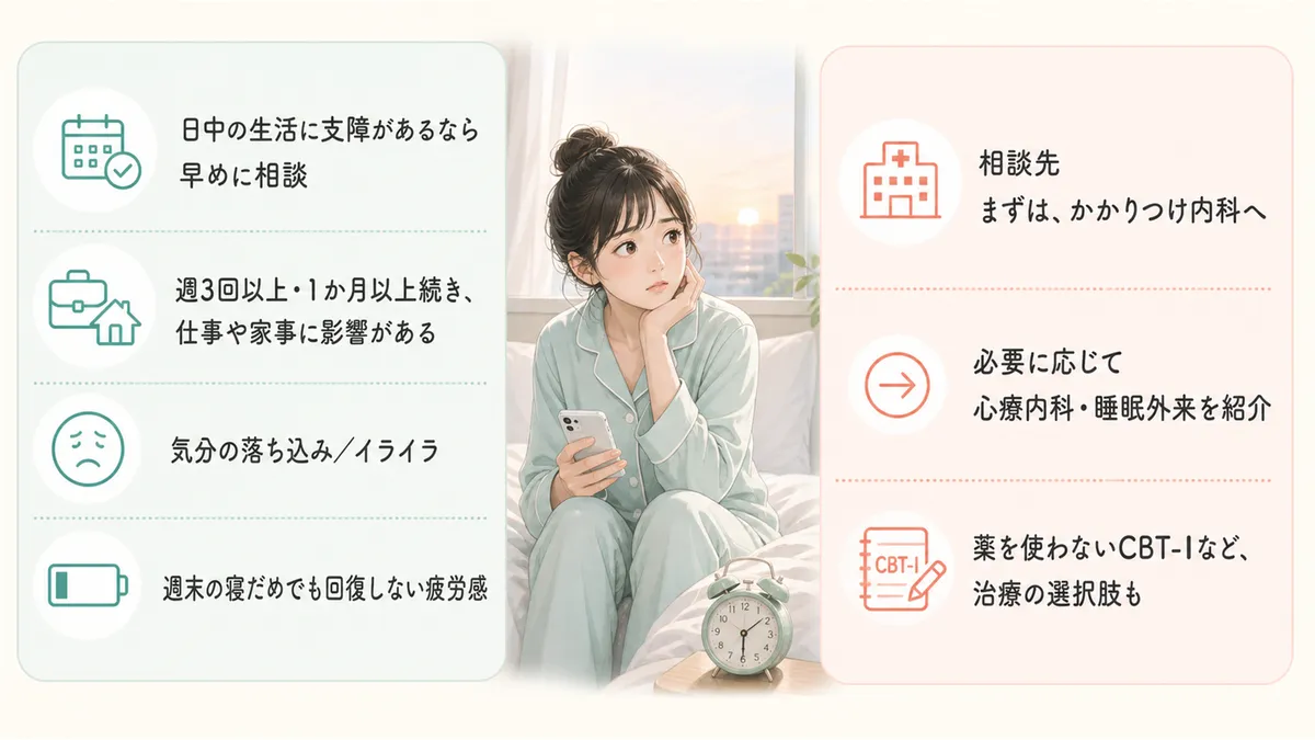 日中の生活に支障が出ている場合の早めの相談の大切さや、受診先について案内します。