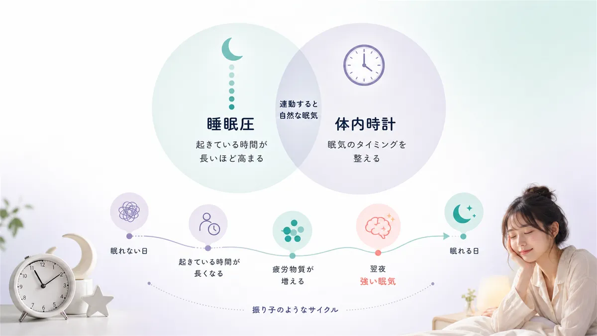 眠気を生み出す2つの仕組みや、眠れなかった翌日に眠れるのは睡眠圧が貯まるからという仕組みを解説します。