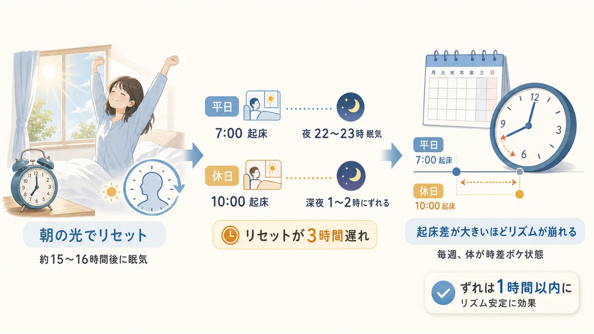 朝寝坊が体内時計をずらす仕組みや、休日と平日の起床差が大きいほどリズムが崩れることを解説します。