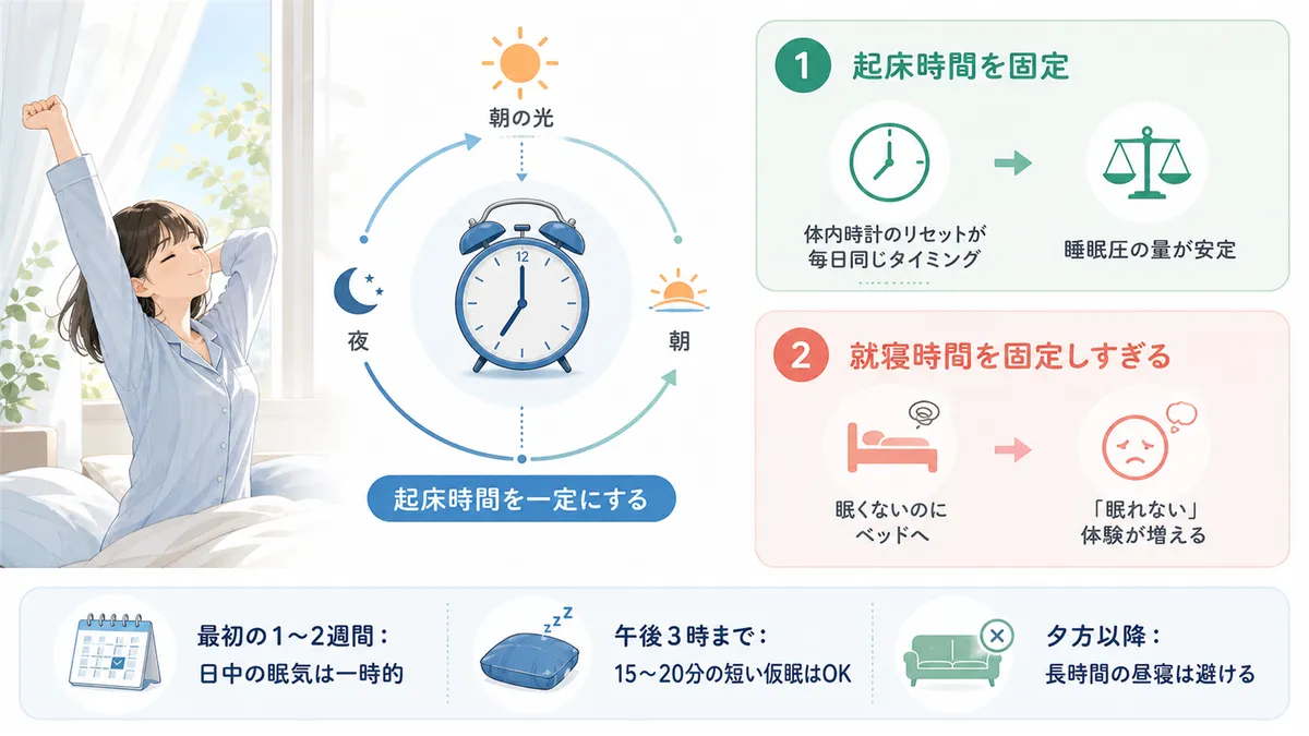 寝る時間より起きる時間が大事な理由、最初の1〜2週間がつらい理由と乗り越え方を紹介します。