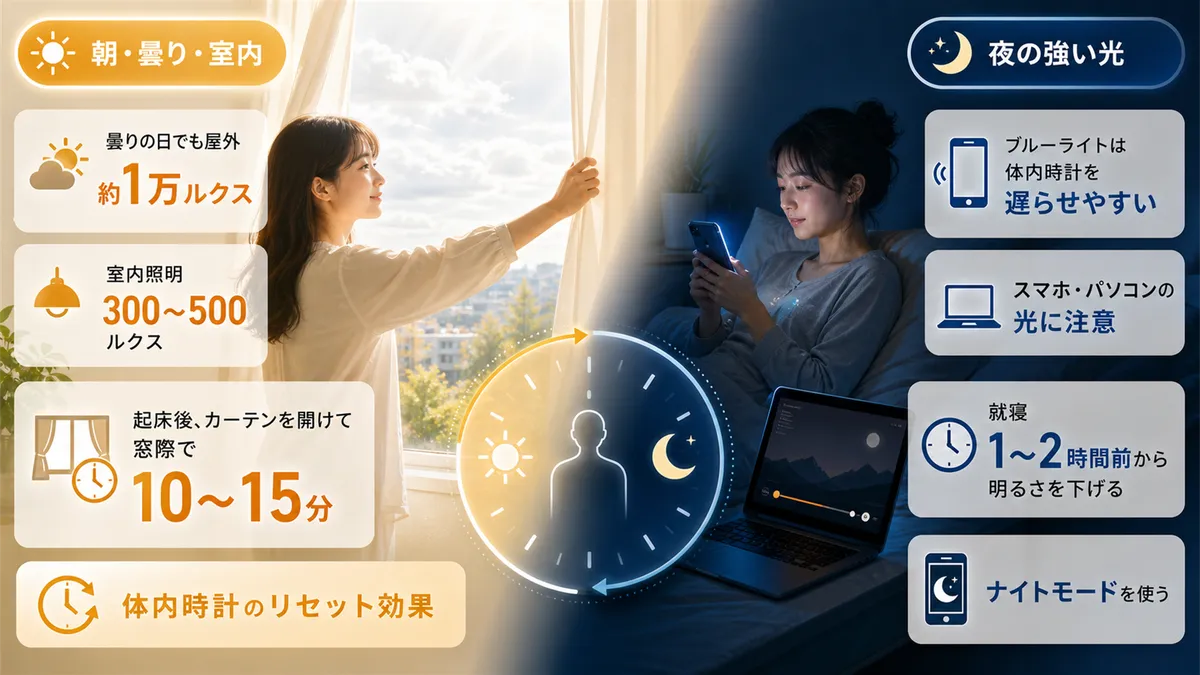 曇りの日や室内でもできる光の取り入れ方、夜の強い光がメラトニンを抑える影響を解説します。
