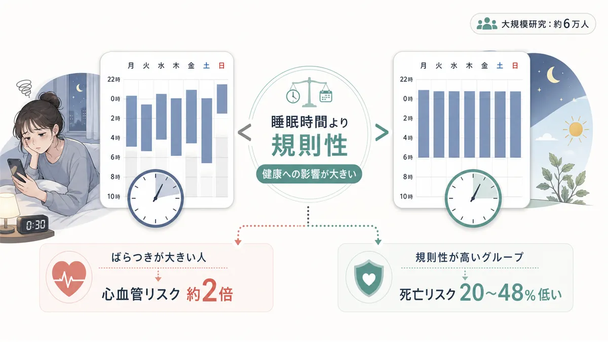 睡眠時間より規則性のほうが健康への影響が大きいことを示し、放置のリスクを伝えます。