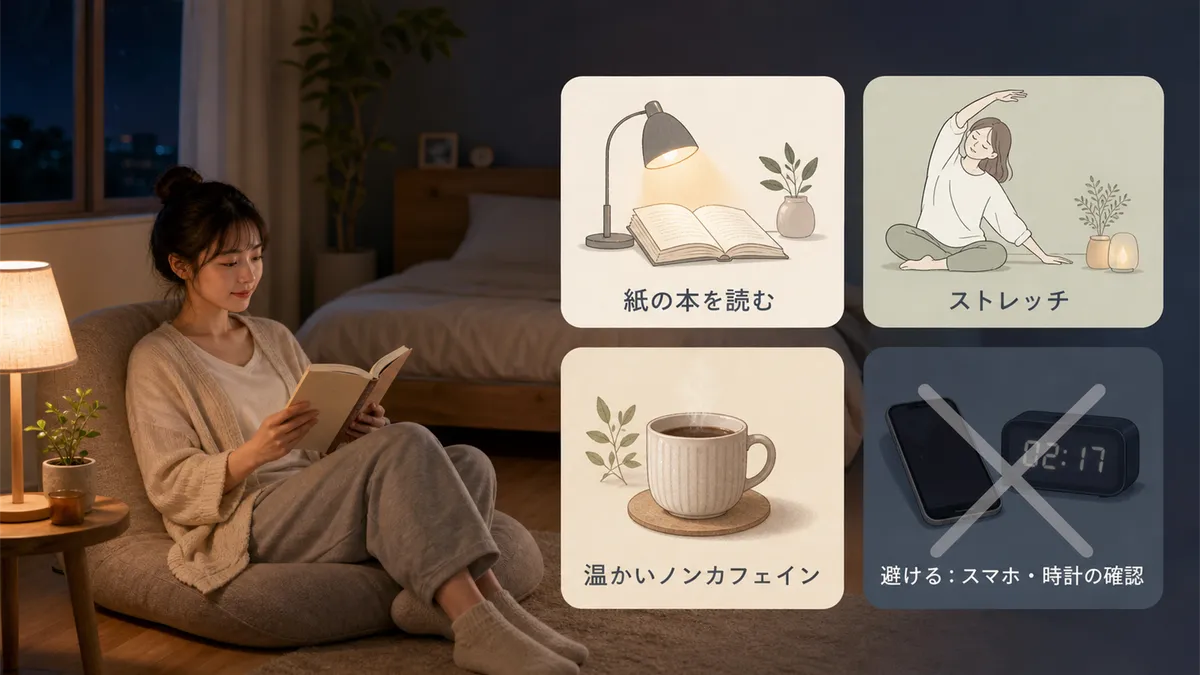 ベッドから離れたときにおすすめの過ごし方を紹介し、眠れない夜の不安を和らげます。