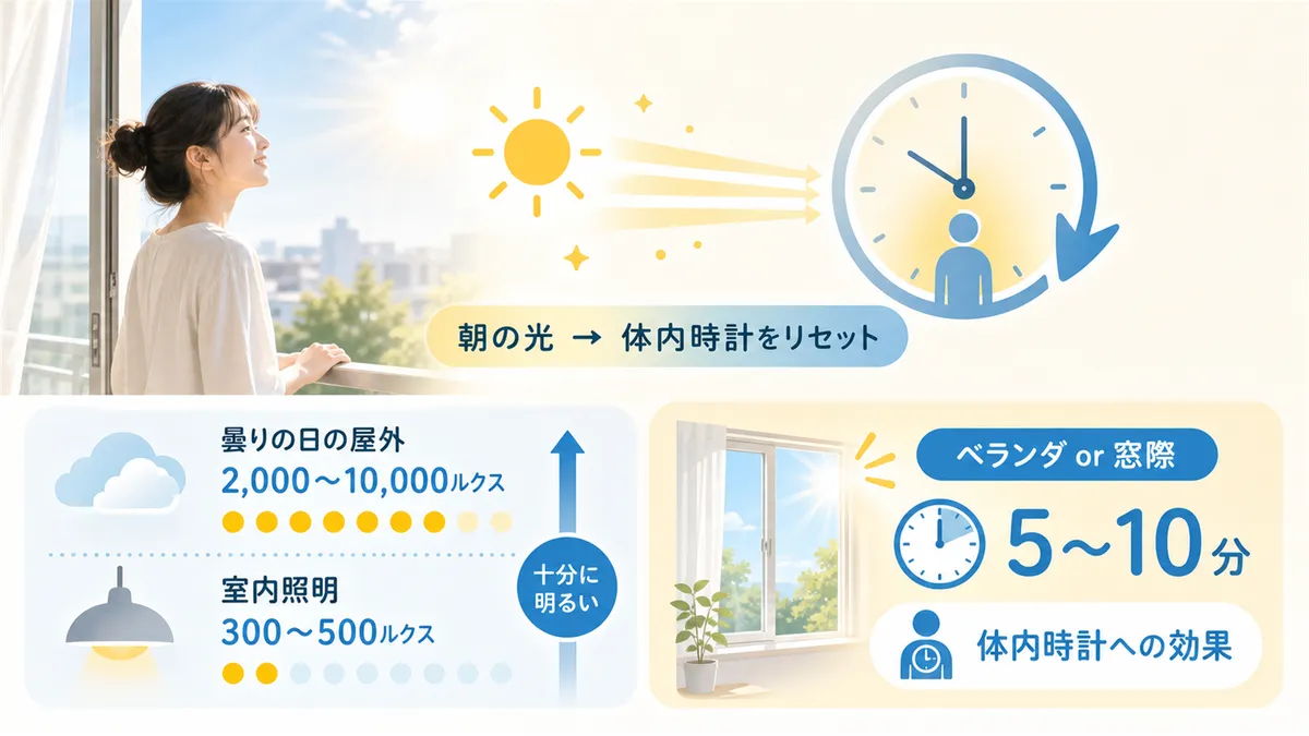 曇りの日や室内でも効果がある理由を含め、朝の光の重要性を解説します。