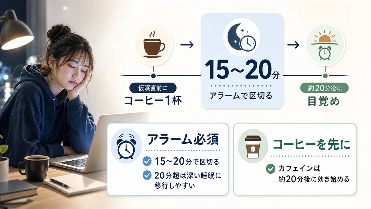 仮眠を成功させる3つのコツを紹介し、最適な長さとタイミングを解説します。