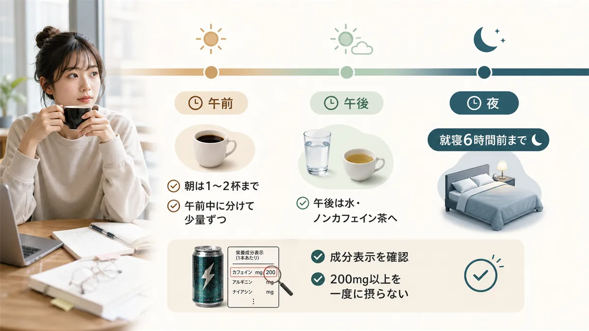 徹夜明けのカフェイン戦略を具体的に紹介します。