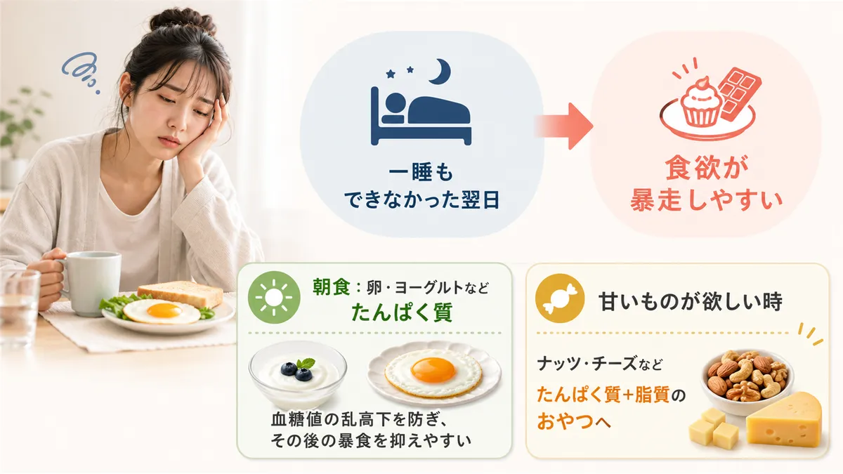 翌日の食事で意識したいポイントを含め、睡眠不足と食欲の関係を解説します。
