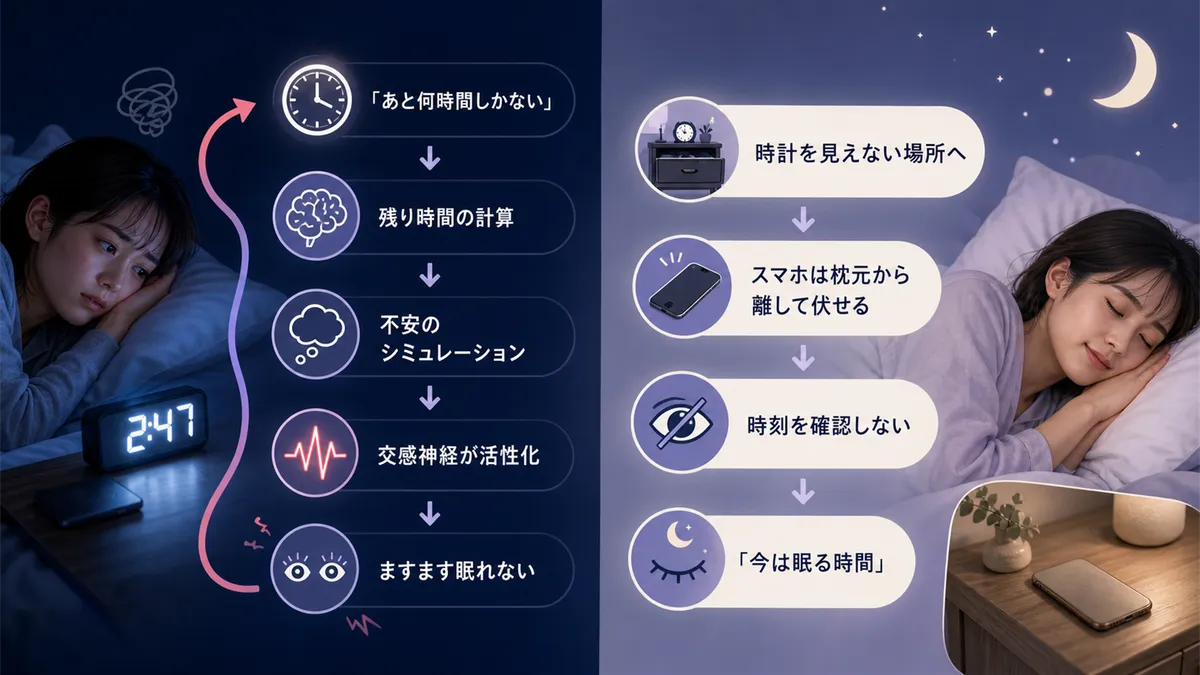 残り時間の計算が脳の覚醒を加速させること、時計を隠すだけで眠りやすくなる理由を紹介します。