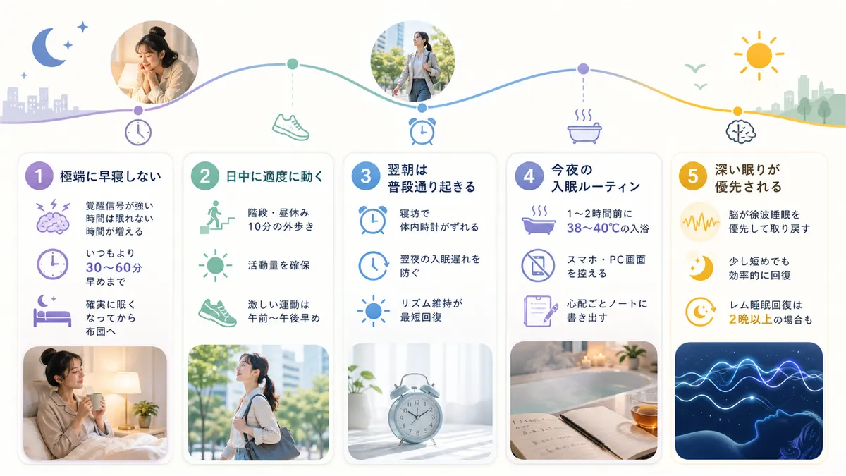 極端に早く寝るのが逆効果な理由、日中の活動の大切さ、入眠ルーティンなどを解説します。