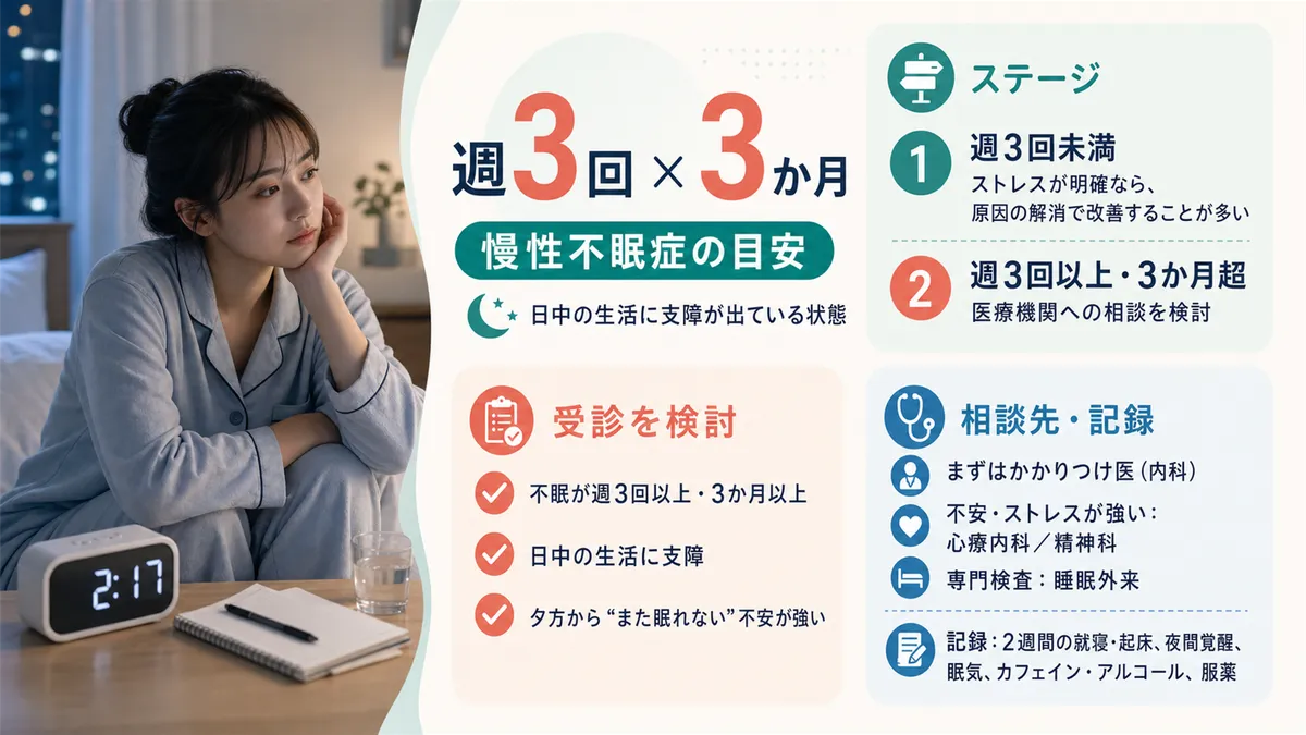 慢性不眠症の目安、不眠の段階、受診先について具体的に案内します。