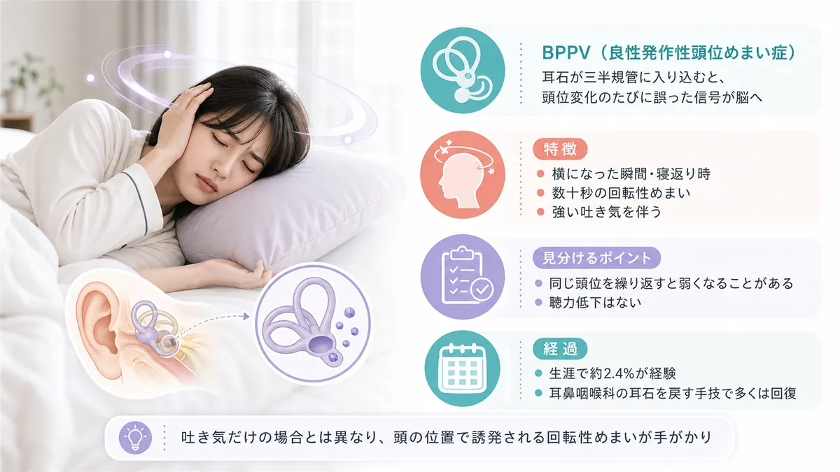 良性発作性頭位めまい症（BPPV）の特徴や症状を紹介し、吐き気だけの場合との違いを解説します。（BPPVの特徴：横になった瞬間・寝返り時に数十秒の回転性めまい、同じ頭位を繰り返すとめまいが弱くなる、聴力低下はない）