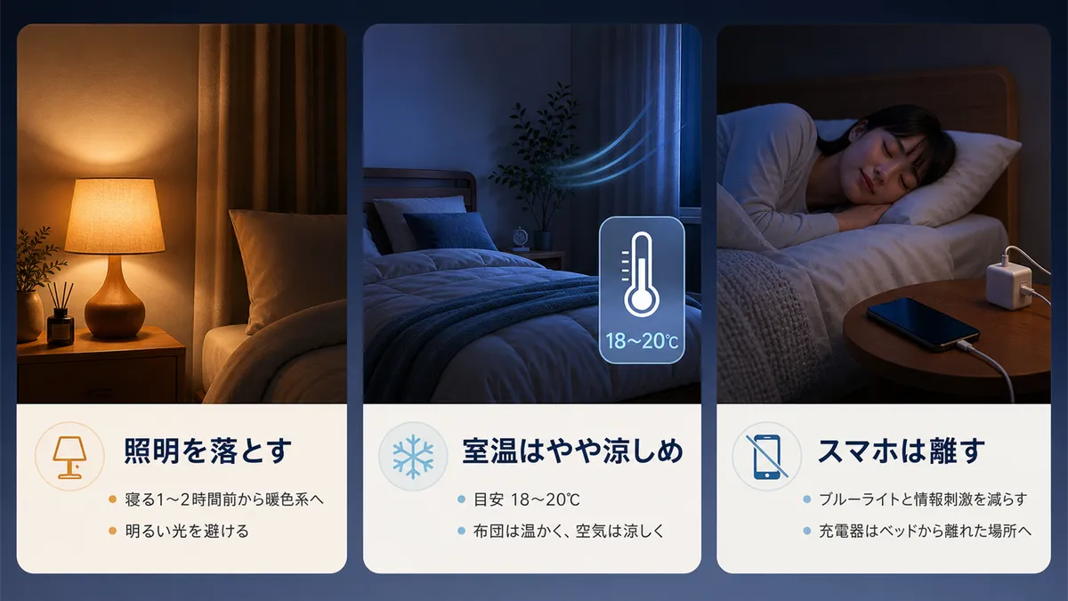照明、室温、スマートフォンの管理など、寝室環境を整えるポイントを紹介します。