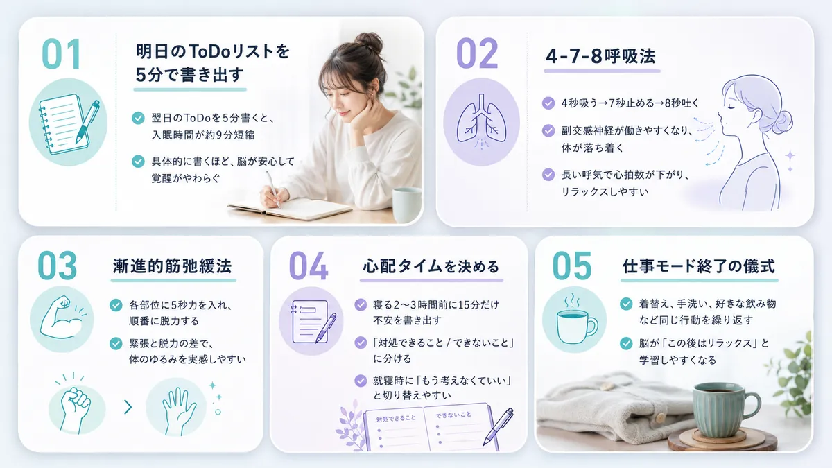 ToDoリストの書き出し、呼吸法、漸進的筋弛緩法、心配タイムの設定など、即実践できる対処法を紹介します。