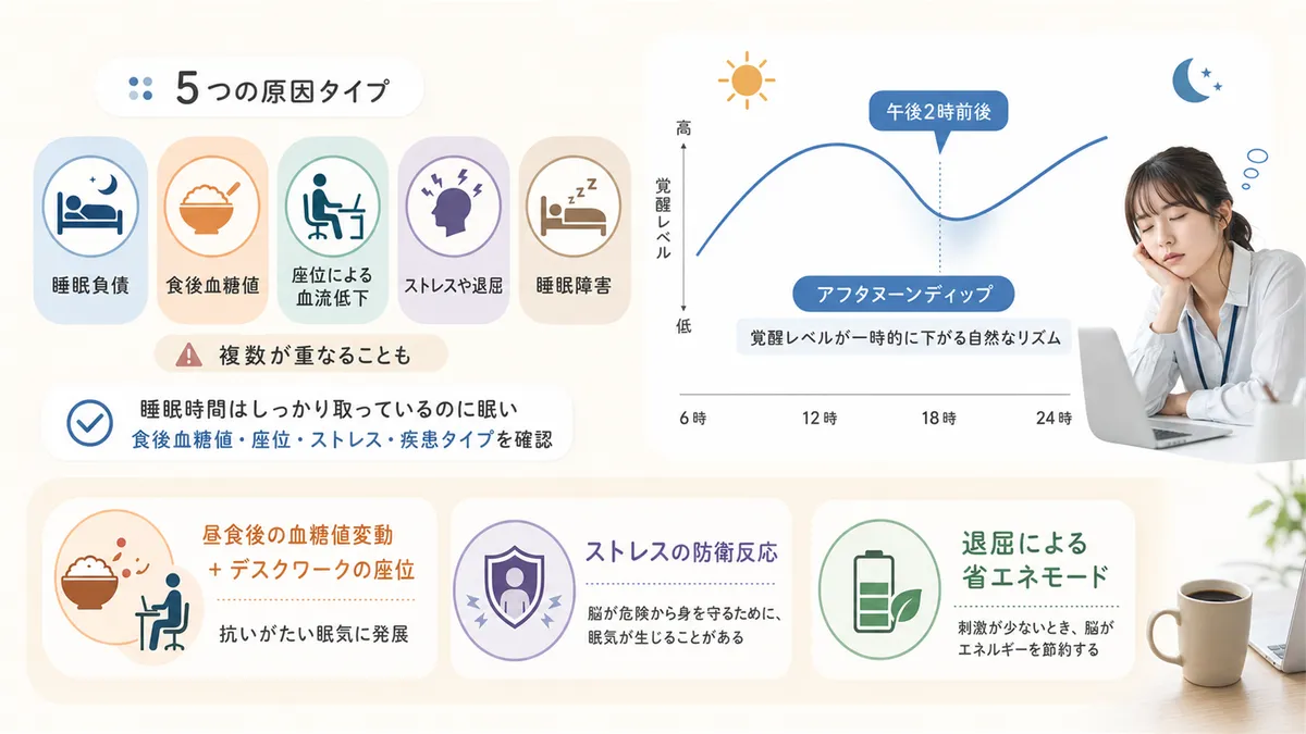 眠気を引き起こす5つの原因タイプと、午後に眠くなる体内時計の仕組み、ストレスの防衛反応、退屈による省エネモードを解説します。