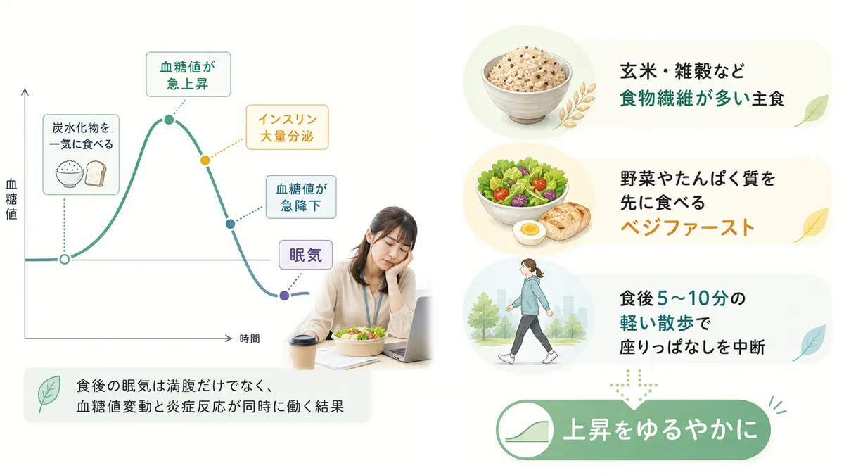 血糖値の急変動と眠気のメカニズム、午後の眠気を減らす昼食の選び方を紹介します。