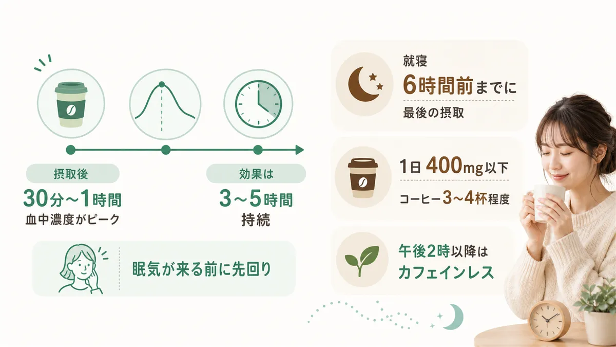 カフェインの効果が出るタイミングと持続時間、夜の睡眠に影響しない飲み方を解説します。