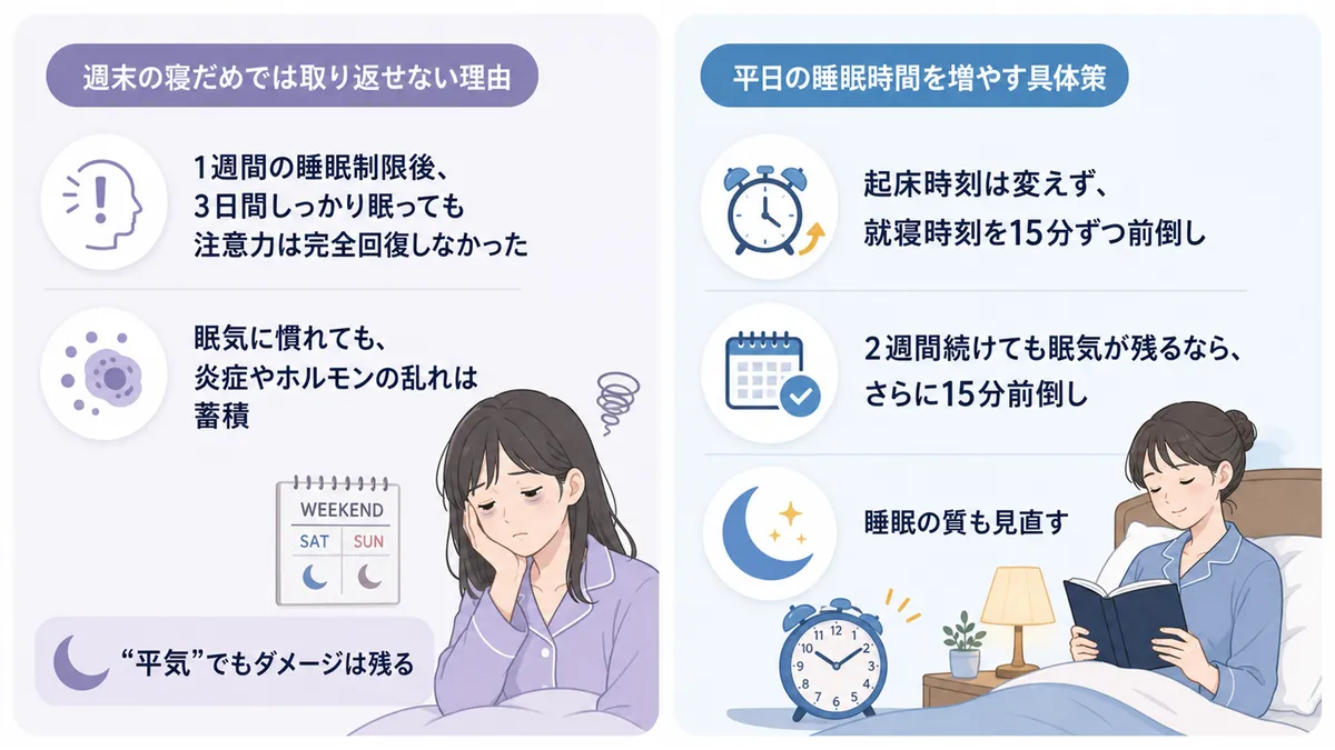 週末の寝だめでは取り返せない理由と、平日の睡眠時間を増やす具体策を紹介します。
