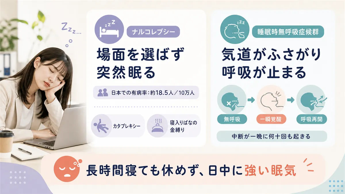 ナルコレプシーの特徴や睡眠時無呼吸症候群が引き起こす眠気の仕組みを解説します。