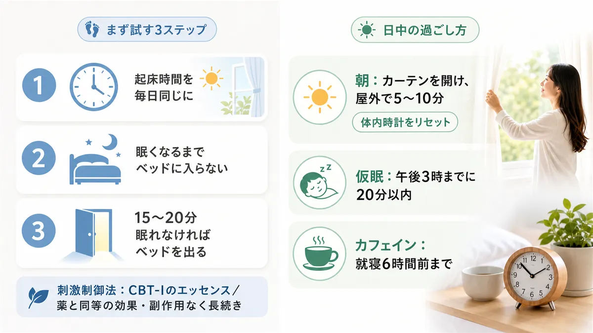 まず試してほしい3つのステップや、日中の過ごし方で夜の眠りが変わることを紹介します。