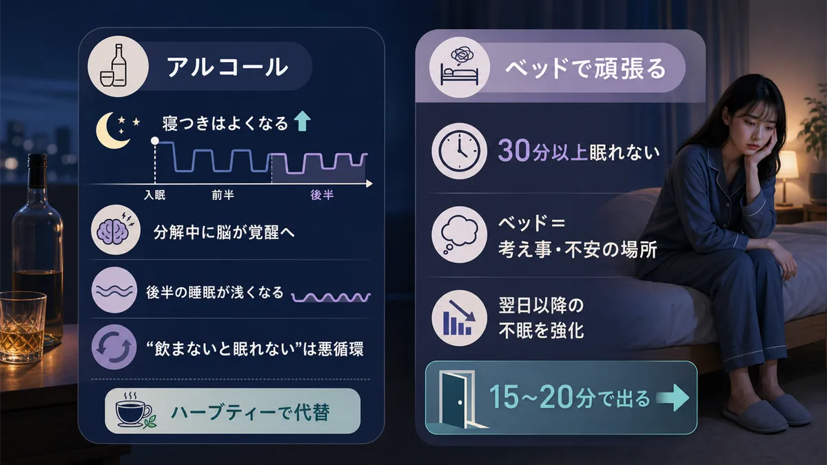 アルコールが睡眠を壊す理由や、「もう少し頑張れば眠れる」が逆効果な理由を解説します。