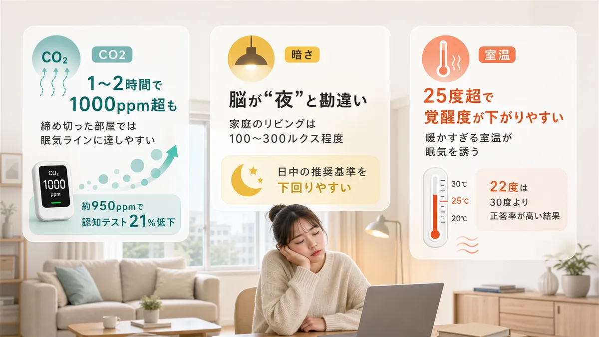 CO2濃度、室内の暗さ、暖かすぎる室温が眠気を誘う仕組みを解説します。