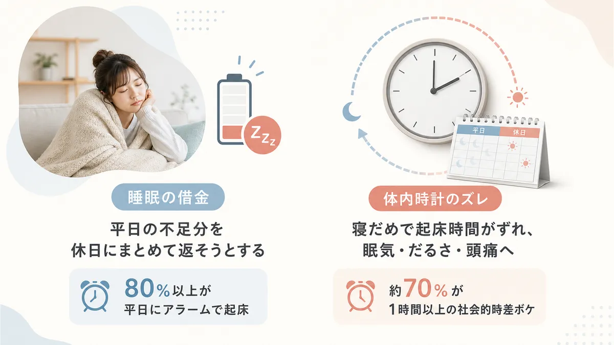平日にたまった睡眠の借金が一気に返済されることや、休日の寝だめが体内時計をずらす問題を解説します。