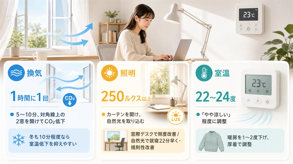 換気、照明、室温の調整など、すぐにできる環境改善策を紹介します。