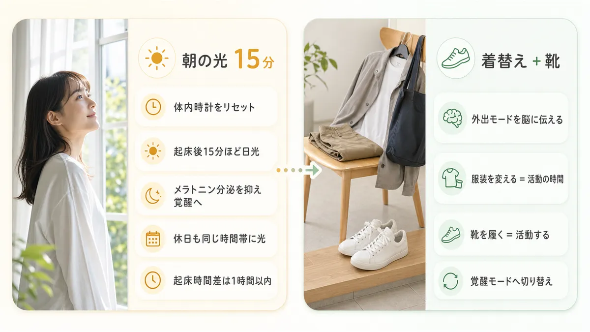 朝の光や着替え・靴を使った覚醒の工夫など、リズム作りのコツを紹介します。