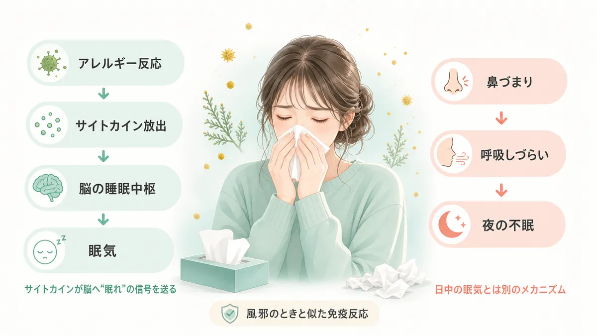 サイトカインが脳に「眠れ」と信号を送る仕組みや、風邪のときと似たメカニズムを解説します。