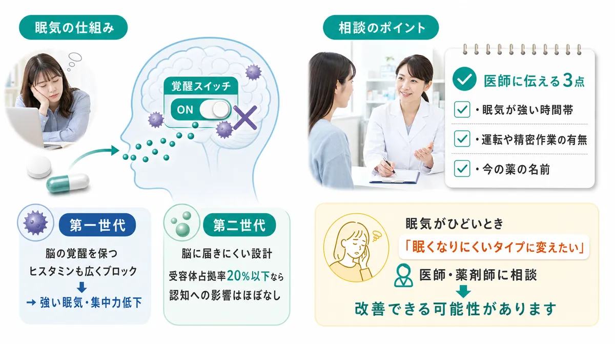 花粉症薬による眠気のメカニズムと、眠気を軽減する薬の選択肢を解説します。