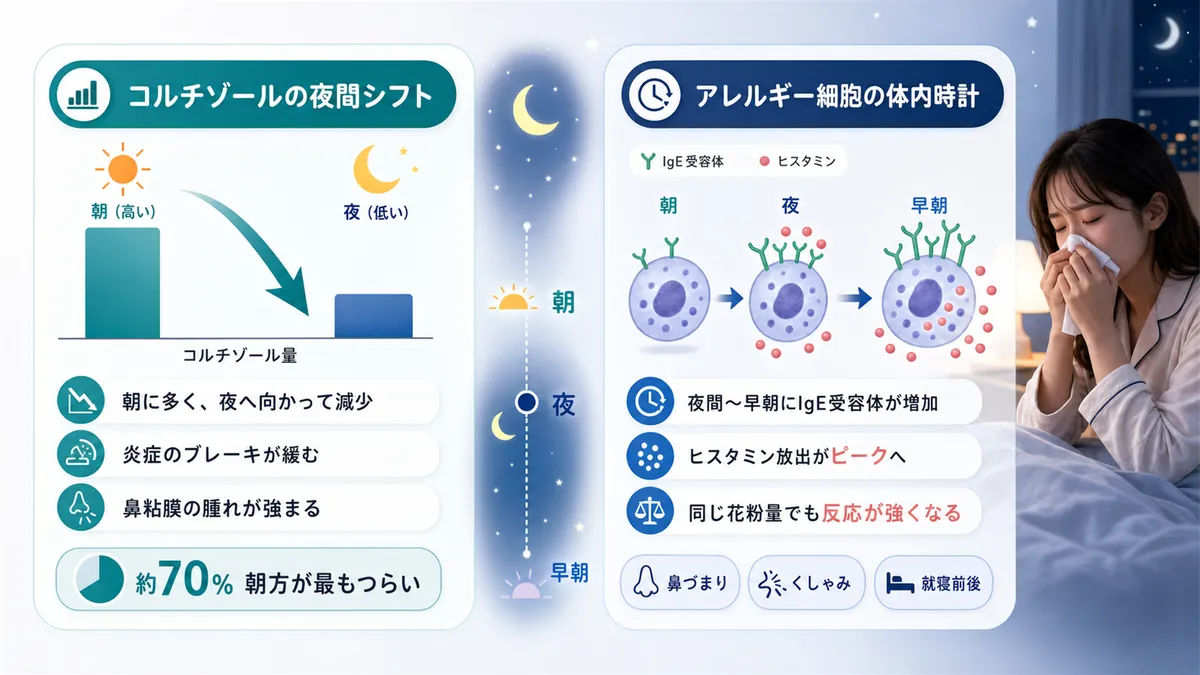 コルチゾールの夜間シフトやアレルギー細胞の体内時計が影響する仕組みを解説します。