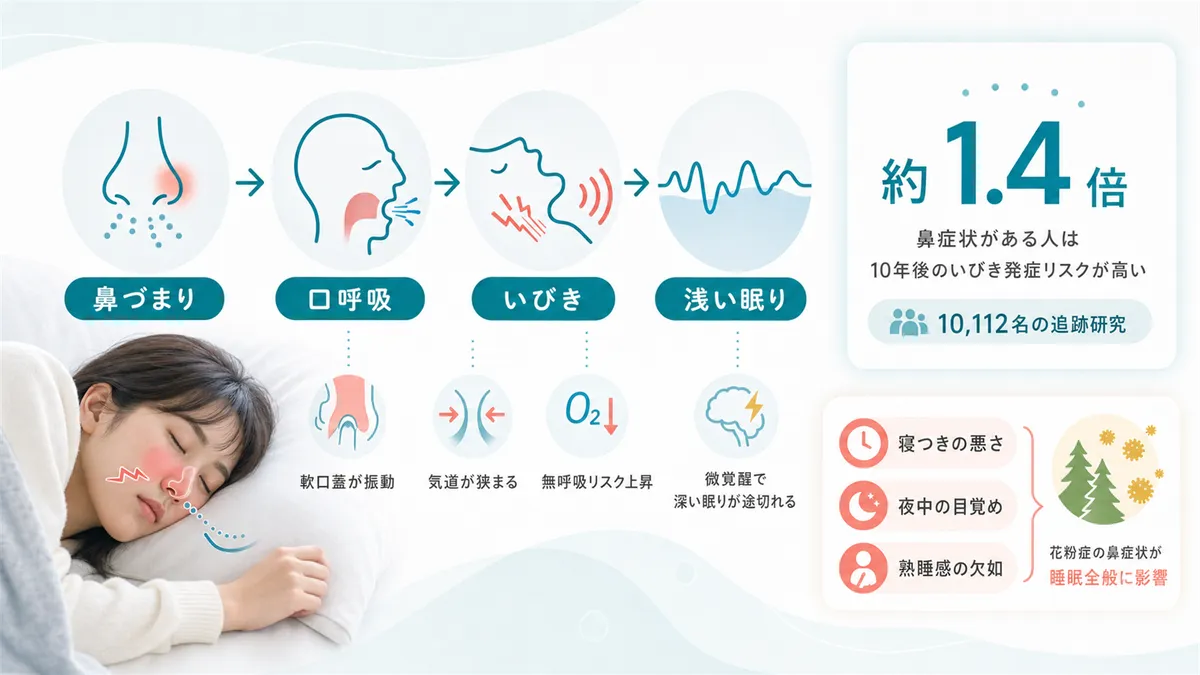 鼻づまりから口呼吸、いびき、浅い眠りの連鎖が始まることや、睡眠の質低下のデータを紹介します。