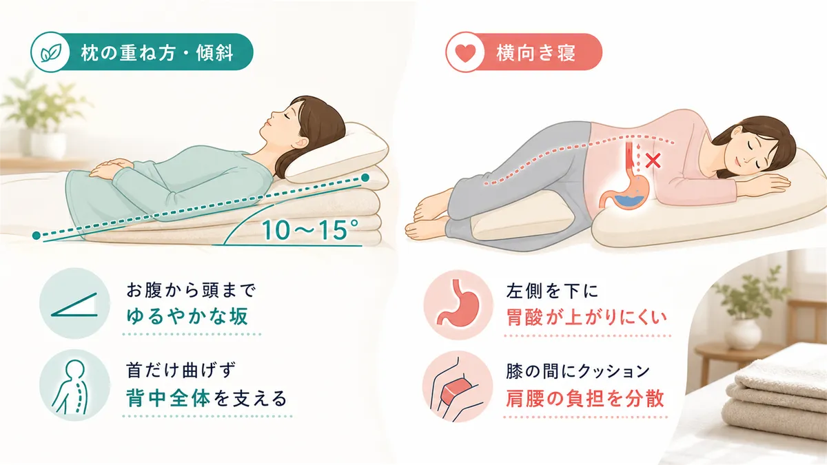 枕の重ね方や傾斜の作り方、横向き寝のメリットと注意点を具体的に紹介します。