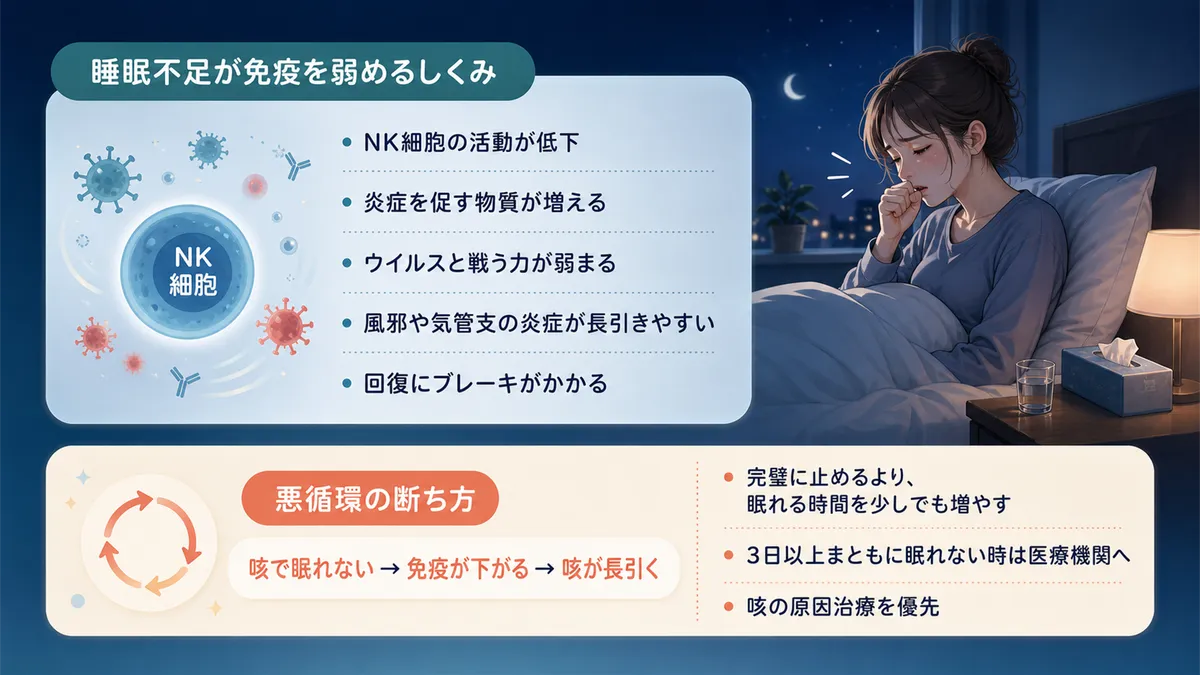 睡眠不足が免疫を弱める仕組みや、咳と不眠の悪循環を断ち切る方法を紹介します。