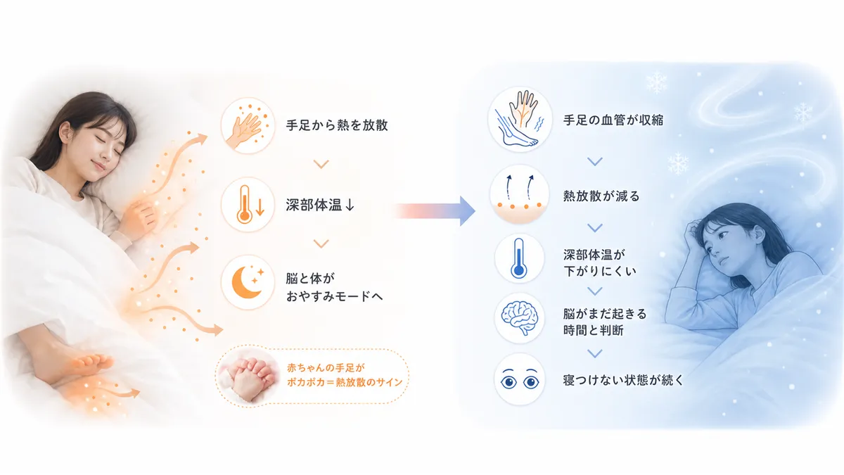 深部体温と入眠の関係や、寒さが熱放散を妨げる流れを解説します。