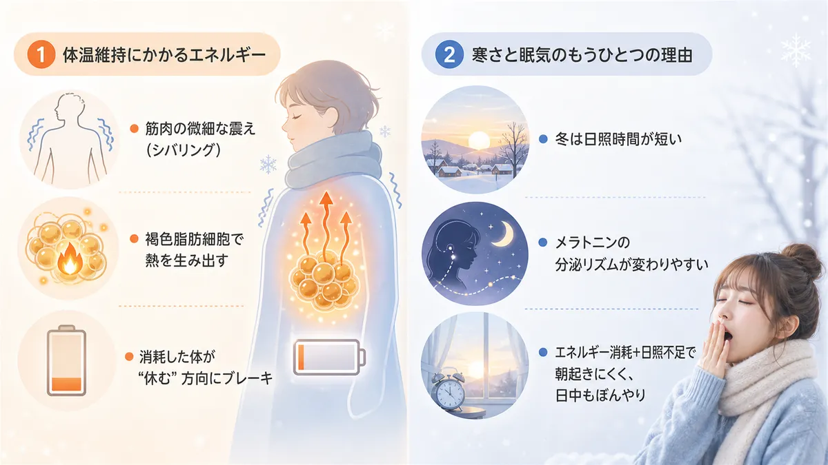 体温維持にエネルギーがかかることや、寒さと眠気のもうひとつの理由を解説します。