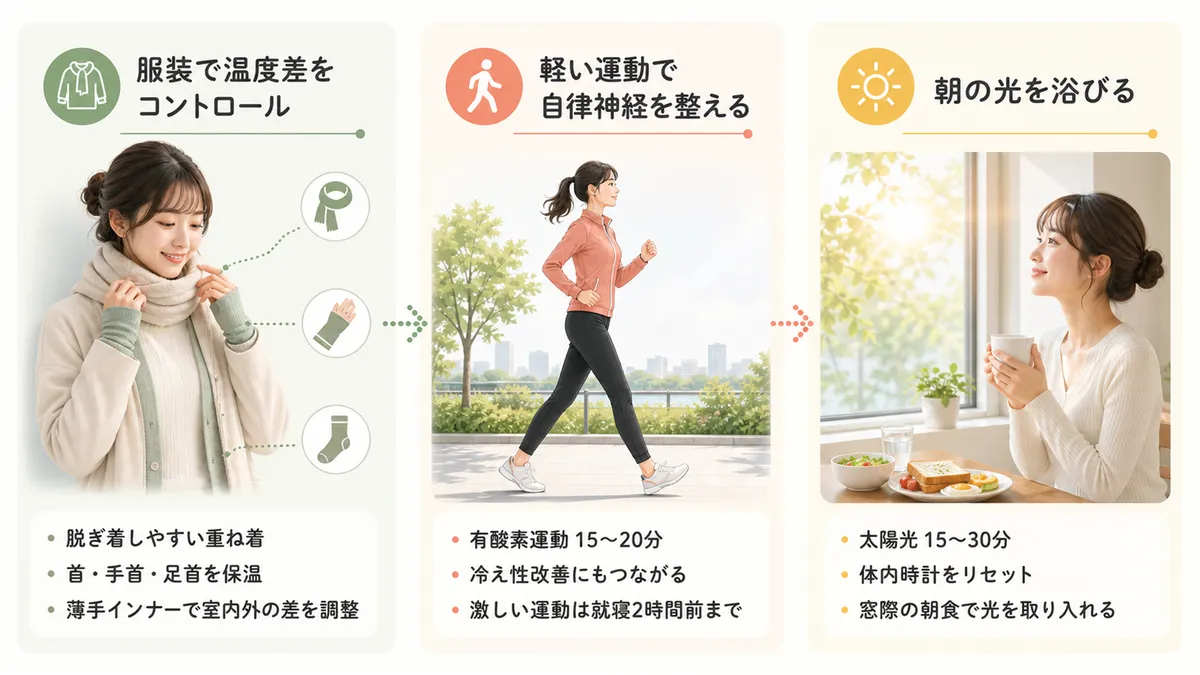 服装による温度差コントロール、軽い運動、朝の光など、日中からの対策を紹介します。