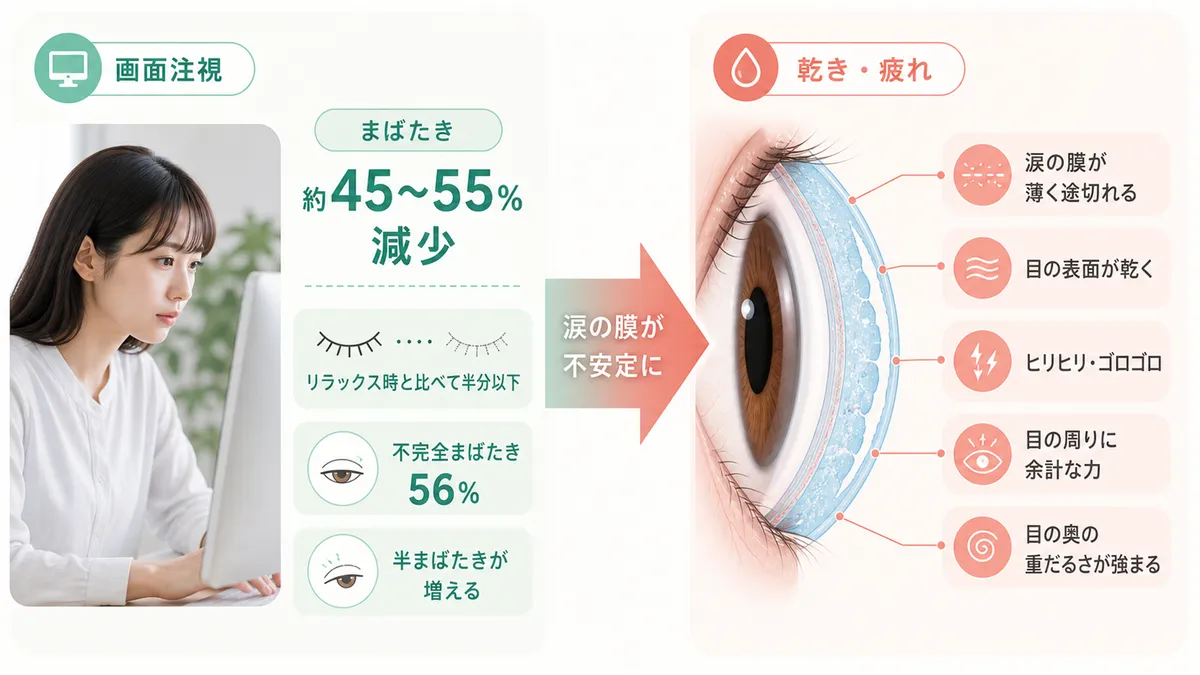 画面注視でまばたき回数が半分以下になること、涙の膜が不安定になると何が起こるかを解説します。