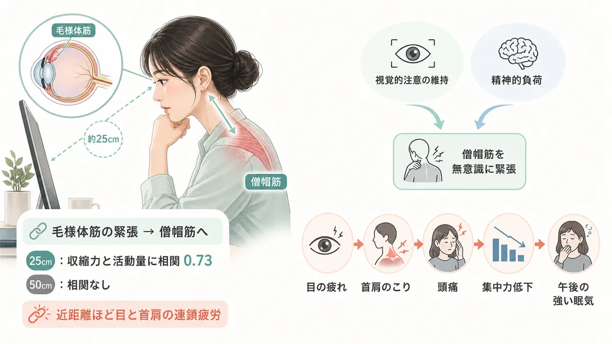 毛様体筋の緊張が僧帽筋に伝わる経路や、首・肩の負担が疲労感と眠気を増幅させる仕組みを解説します。