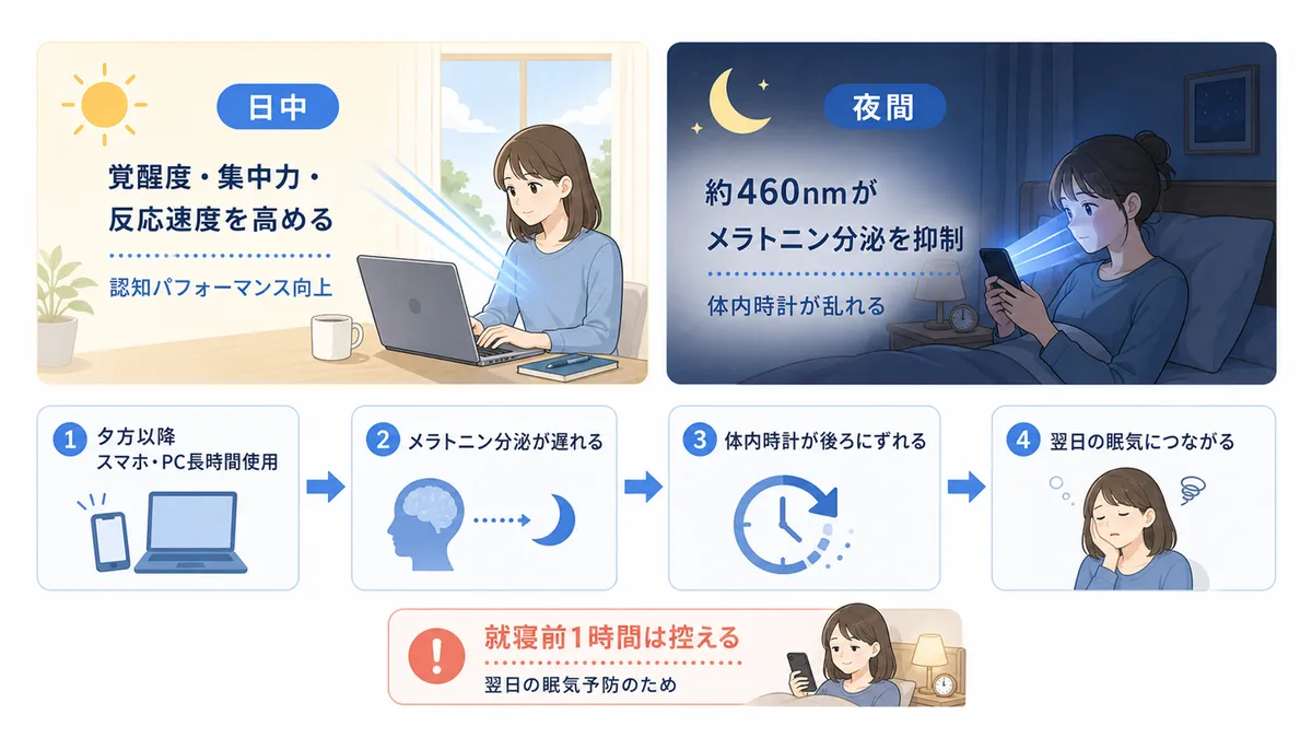 日中と夜間のブルーライトの違い、就寝前の画面使用が翌日の眠気を招く流れを解説します。（日中のブルーライト：覚醒度・集中力・反応速度を高める；夜間のブルーライト：約460nm波長がメラトニン分泌を抑制し体内時計を乱す）
