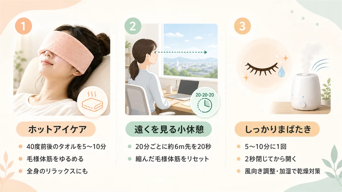 ホットアイケア、遠くを見る小休憩、意識的なまばたきなど、即実践できる対策を紹介します。