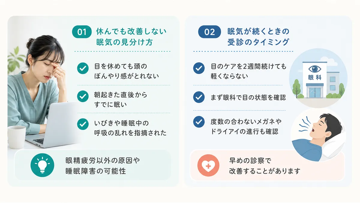 休んでも改善しない眠気の見分け方や、受診のタイミングを案内します。