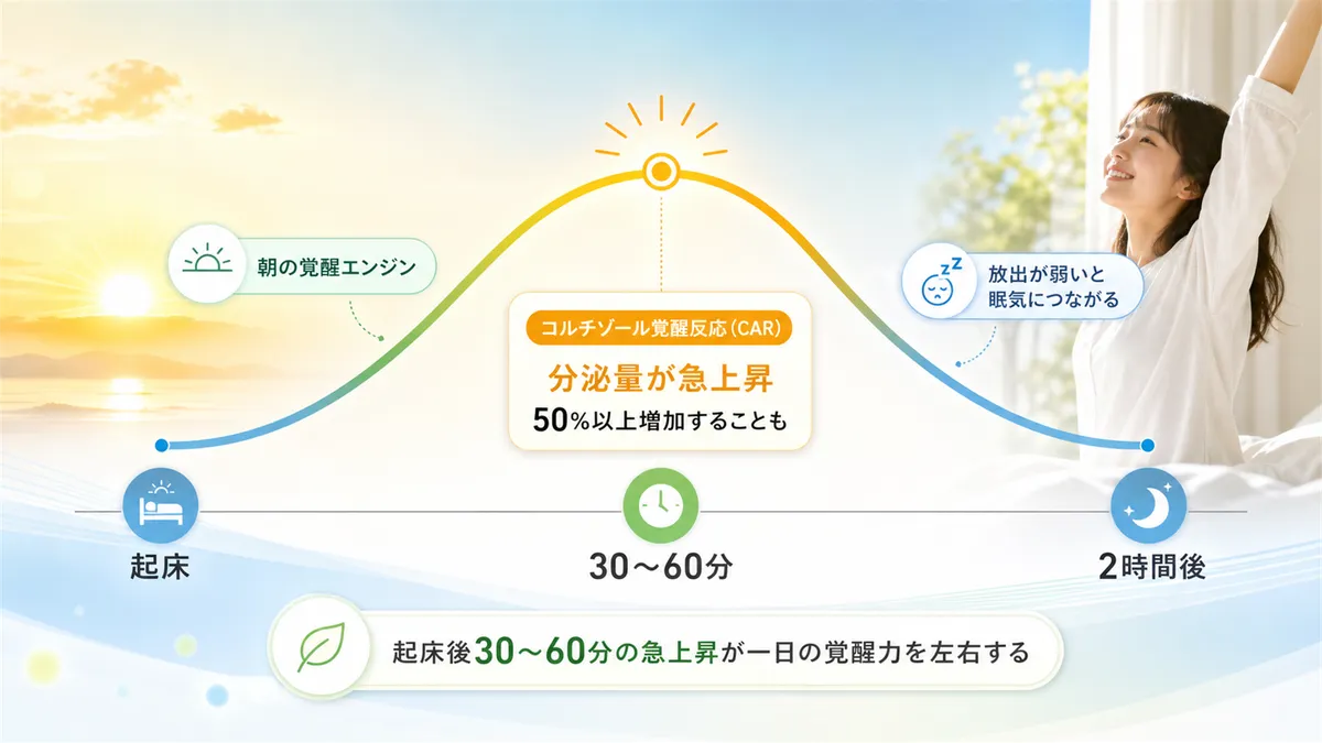 起床後のコルチゾール急上昇が一日の覚醒力を左右する仕組みを解説します。